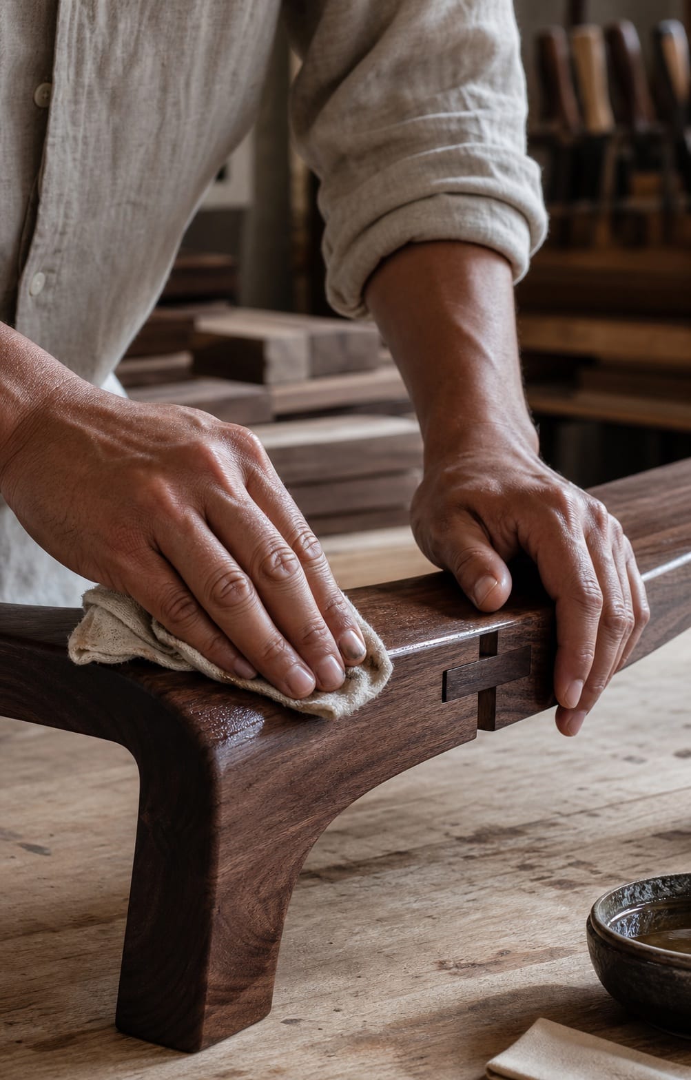 Furniture maker applying hard-wax oil to a solid walnut joint by hand
