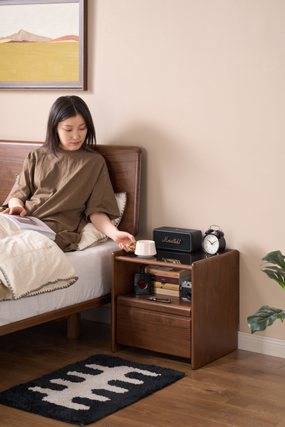 Walnich Bedside Table with Open Shelf & Storage Drawer — view 2