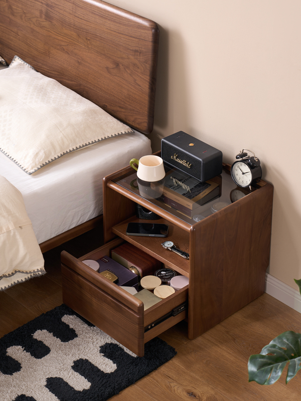 Walnich Bedside Table with Open Shelf & Storage Drawer — view 3