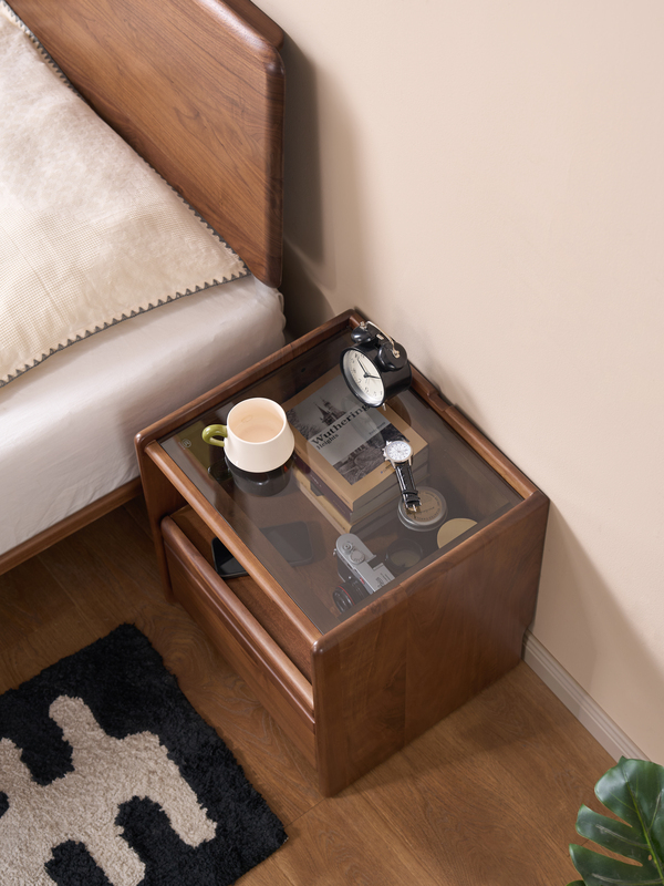 Walnich Bedside Table with Open Shelf & Storage Drawer — view 4