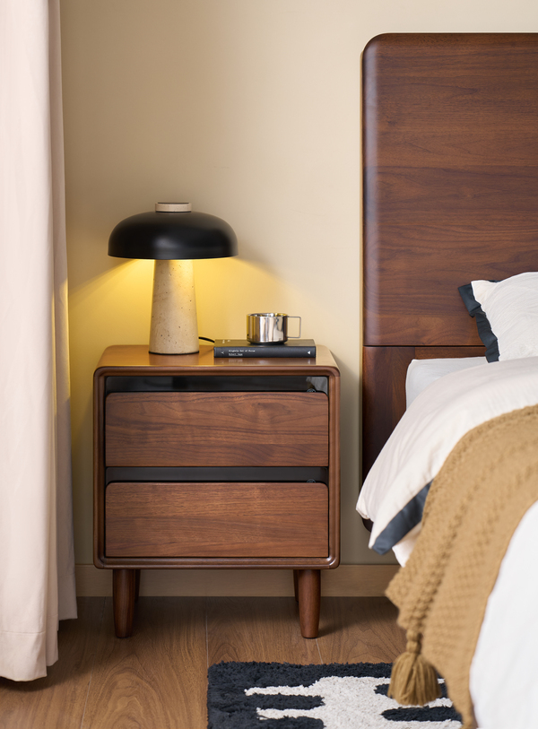 Walnich Nightstand with 2 Drawers and Glass Accents — Nightstands in solid American black walnut