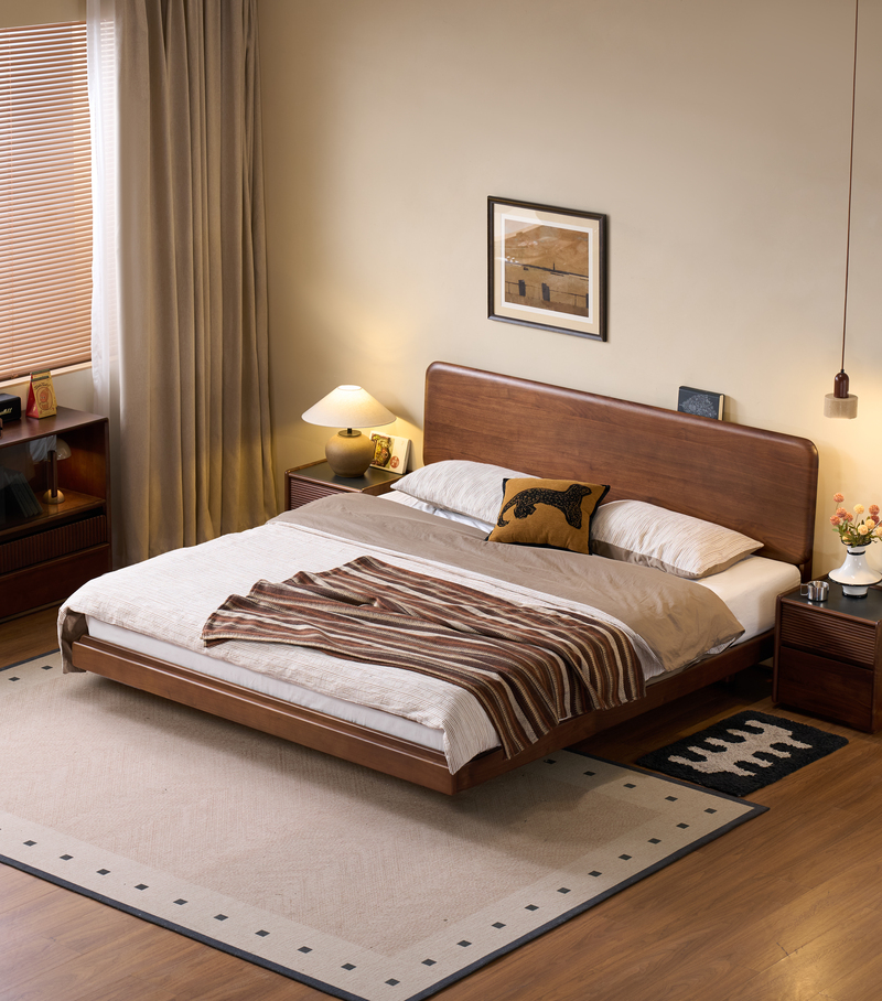 Walnich Mid-Century Modern Bed with Curved Wooden Headboard — Bed in solid American black walnut