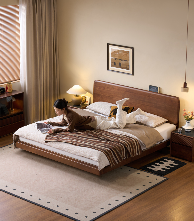 Walnich Mid-Century Modern Bed with Curved Wooden Headboard — view 2