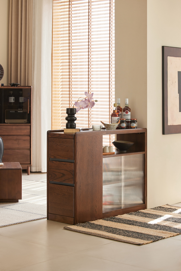 Walnich Modern Solid Oak Bar Cabinet with Drawers & Ribbed Glass Door — Cabinets in solid American black walnut
