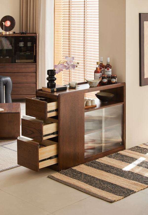Walnich Modern Solid Oak Bar Cabinet with Drawers & Ribbed Glass Door — view 3